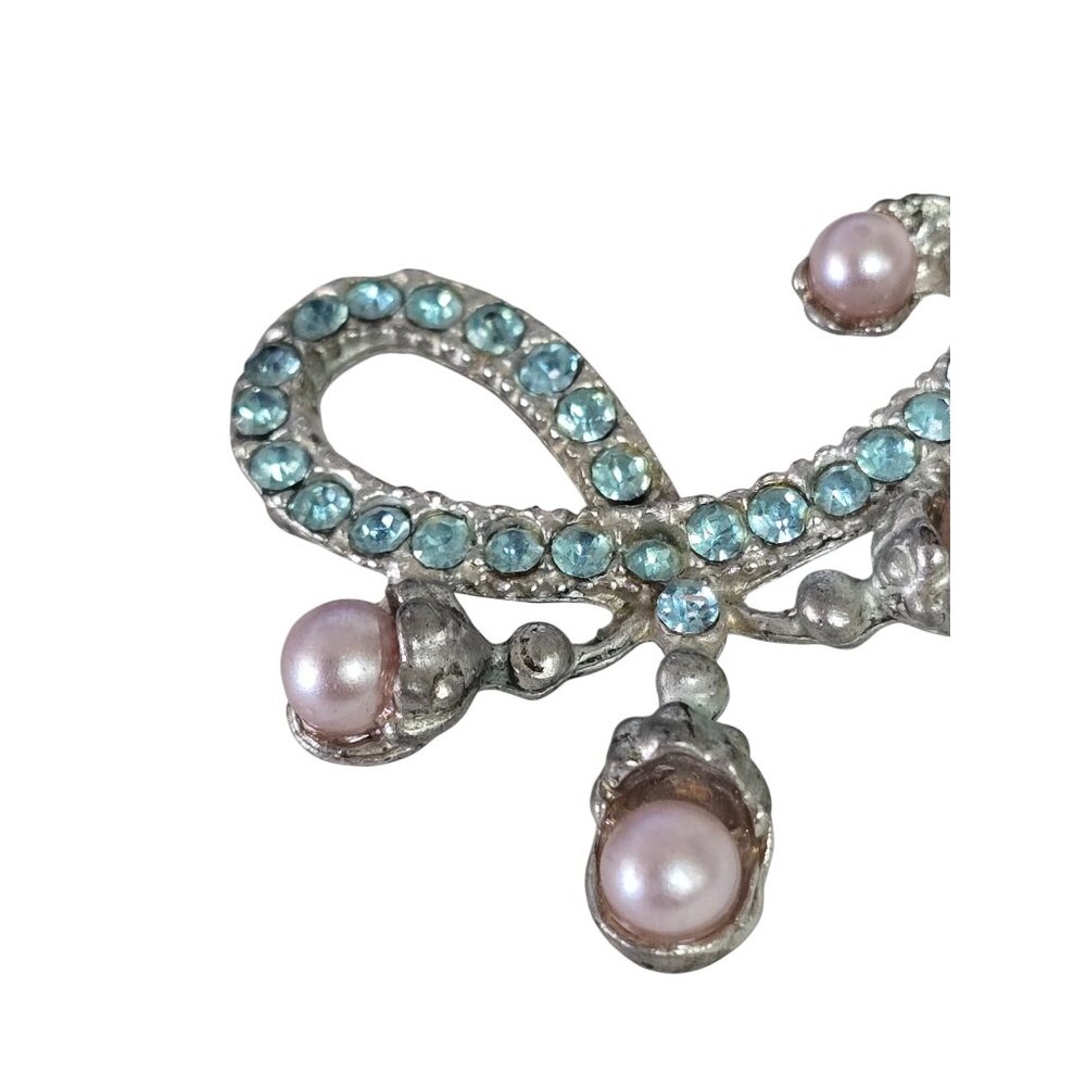Vintage Silver Tone Aquamarine Blue Rhinestone & Faux Pearl Brooch Pin - Picture 4 of 10